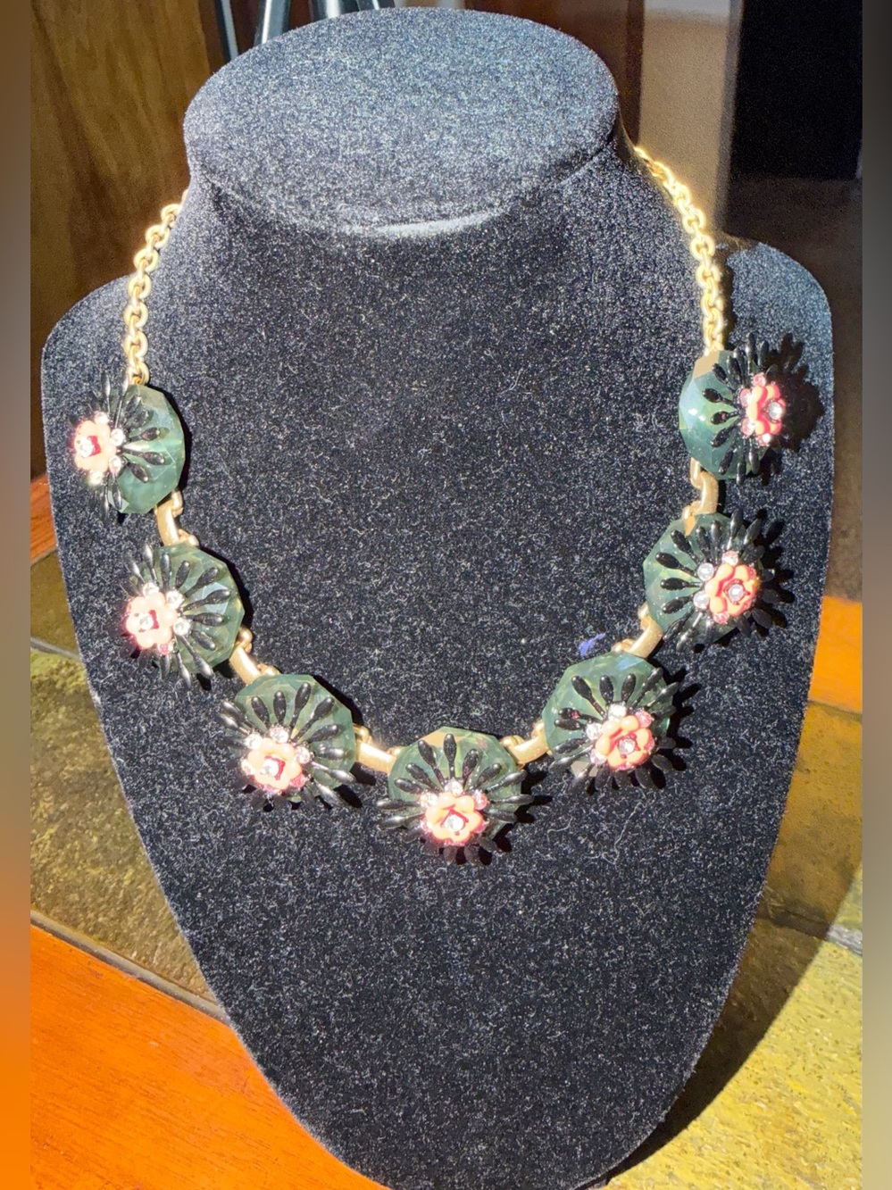 J. Crew NWOT Navy Floral Statement Necklace with Pink and Crystal Accents